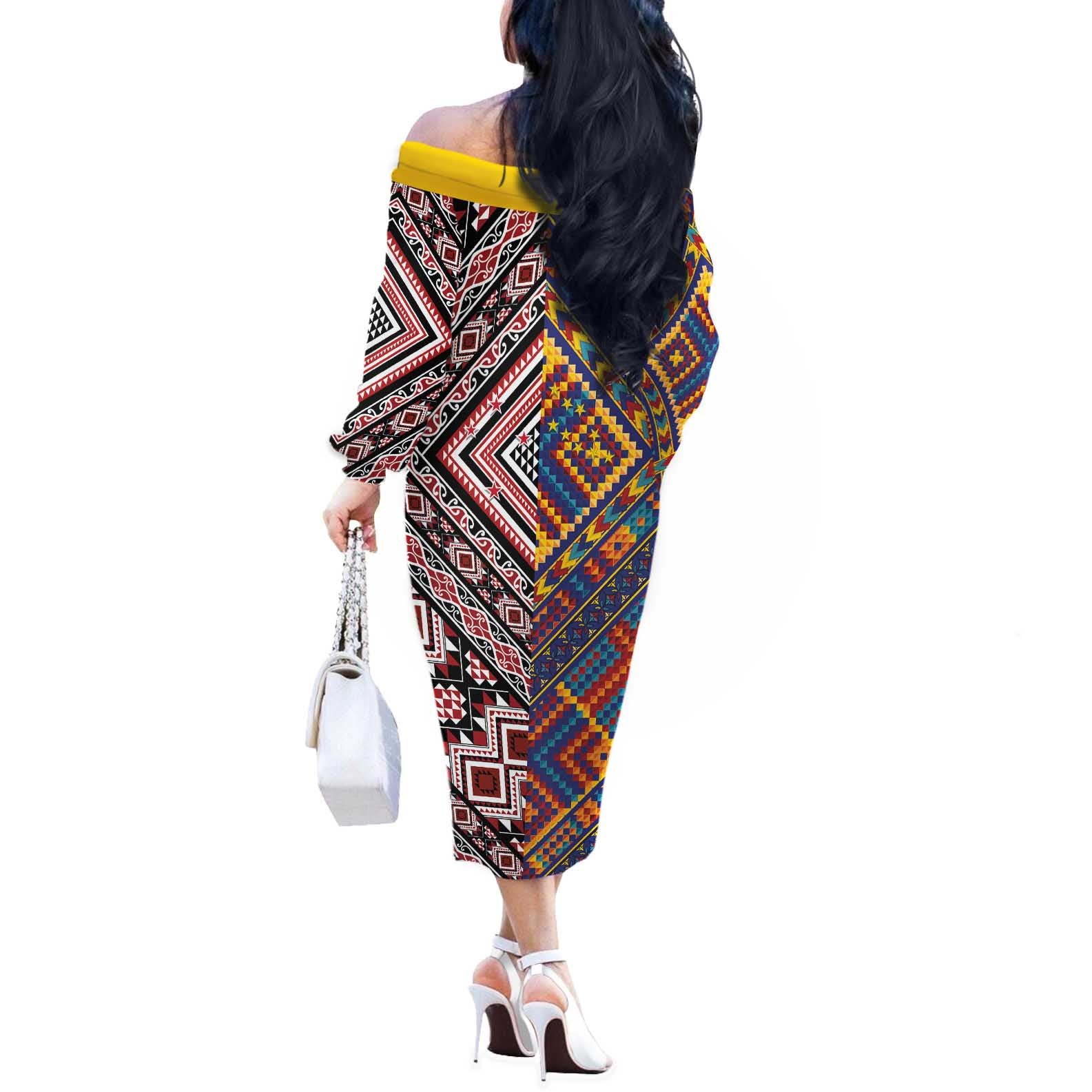 Tuvaluan and New Zealand Culture Off The Shoulder Long Sleeve Dress The Art of Kolose and Taniko - Aussie Hoodie