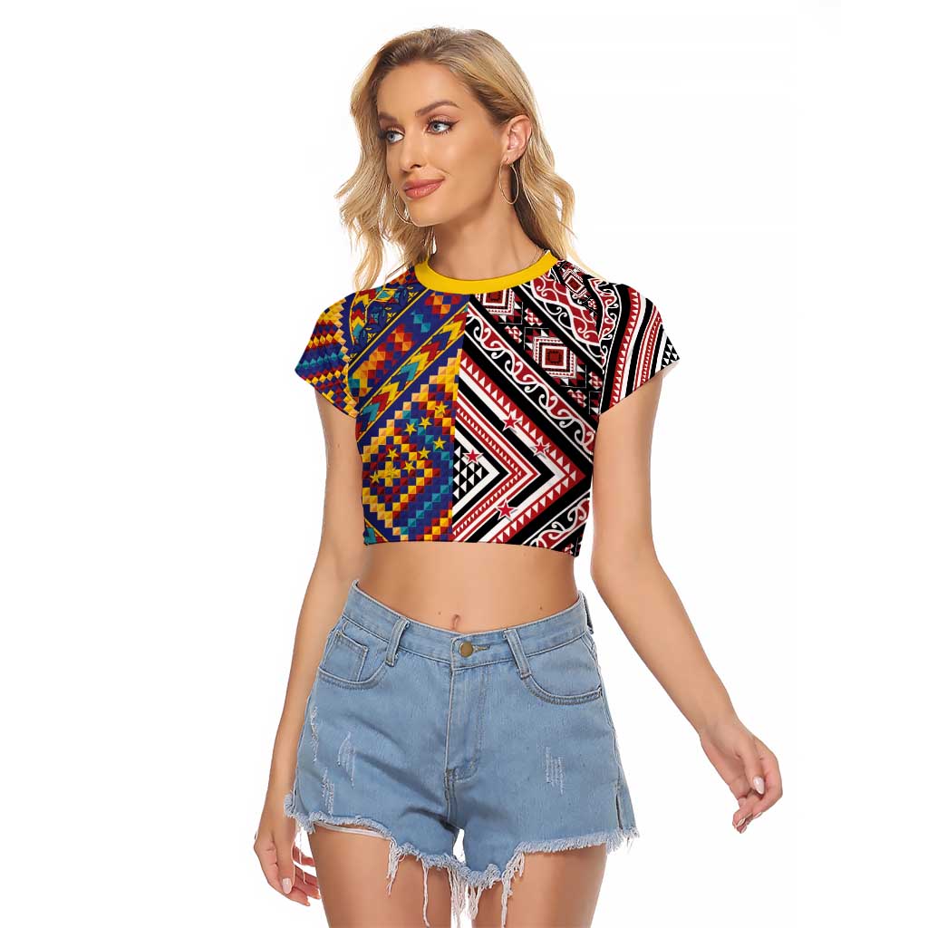 Tuvaluan and New Zealand Culture Raglan Cropped T Shirt The Art of Kolose and Taniko - Aussie Hoodie