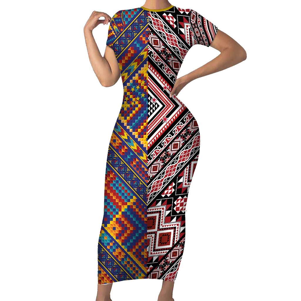 Tuvaluan and New Zealand Culture Short Sleeve Bodycon Dress The Art of Kolose and Taniko - Aussie Hoodie