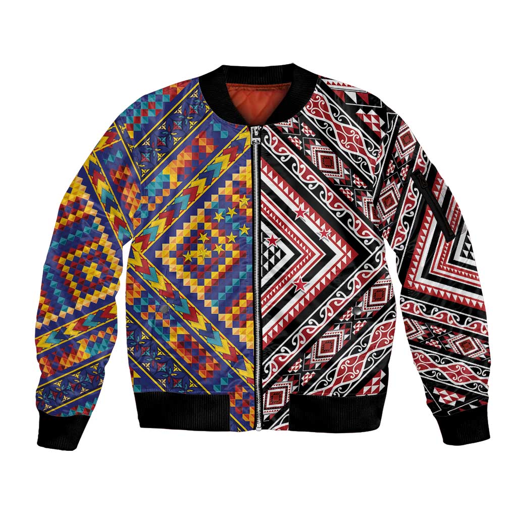 Tuvaluan and New Zealand Culture Sleeve Zip Bomber Jacket The Art of Kolose and Taniko - Aussie Hoodie
