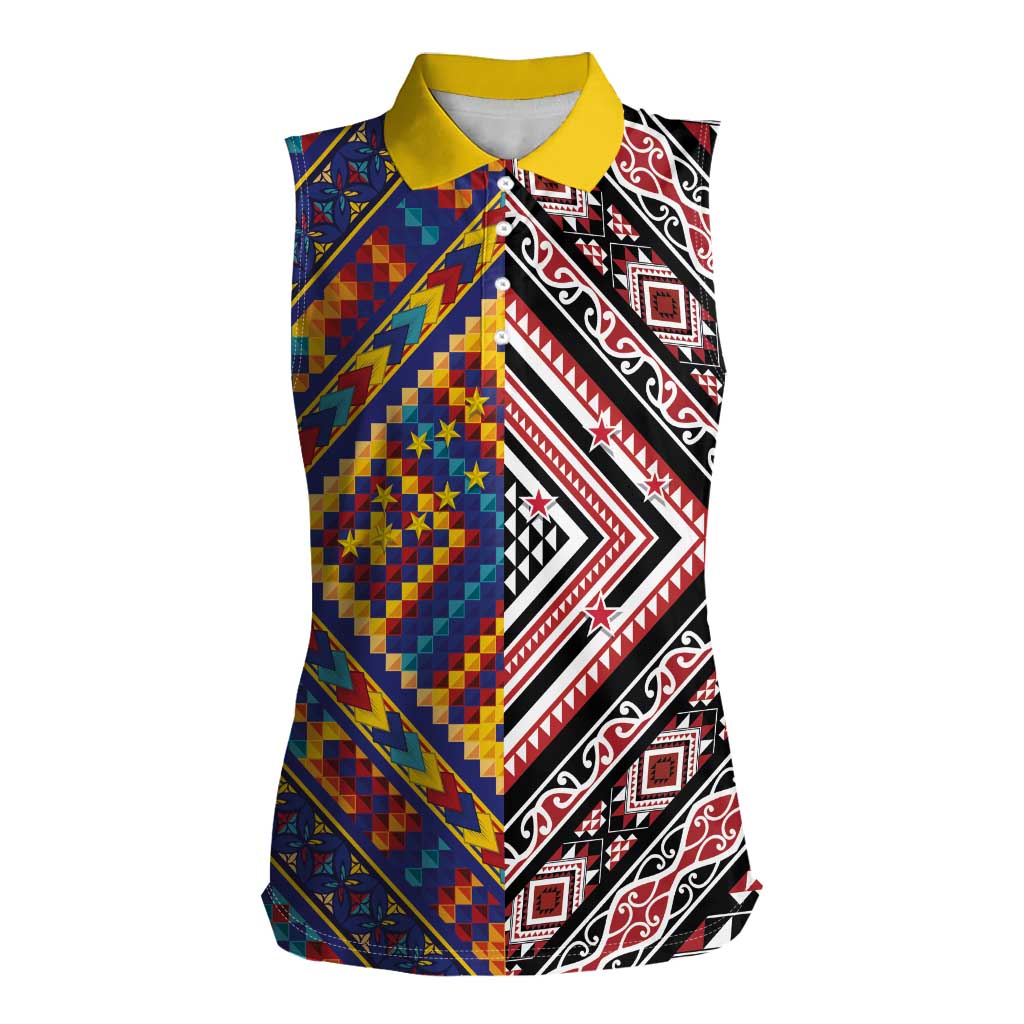 Tuvaluan and New Zealand Culture Women Sleeveless Polo Shirt The Art of Kolose and Taniko - Aussie Hoodie