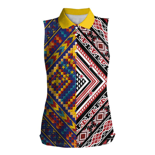Tuvaluan and New Zealand Culture Women Sleeveless Polo Shirt The Art of Kolose and Taniko - Aussie Hoodie
