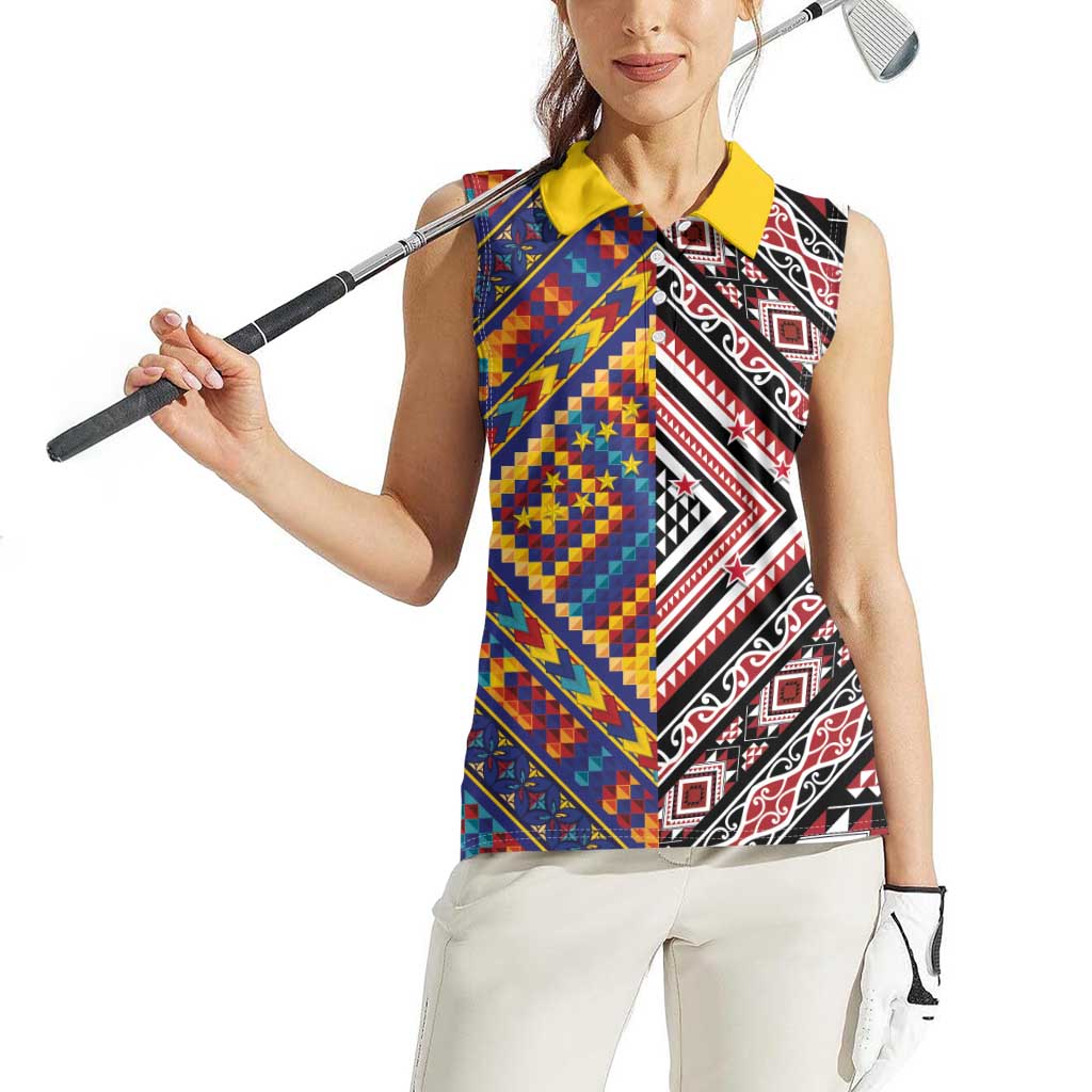 Tuvaluan and New Zealand Culture Women Sleeveless Polo Shirt The Art of Kolose and Taniko - Aussie Hoodie
