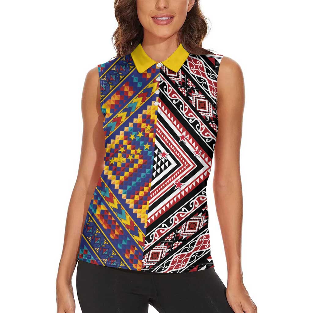 Tuvaluan and New Zealand Culture Women Sleeveless Polo Shirt The Art of Kolose and Taniko - Aussie Hoodie