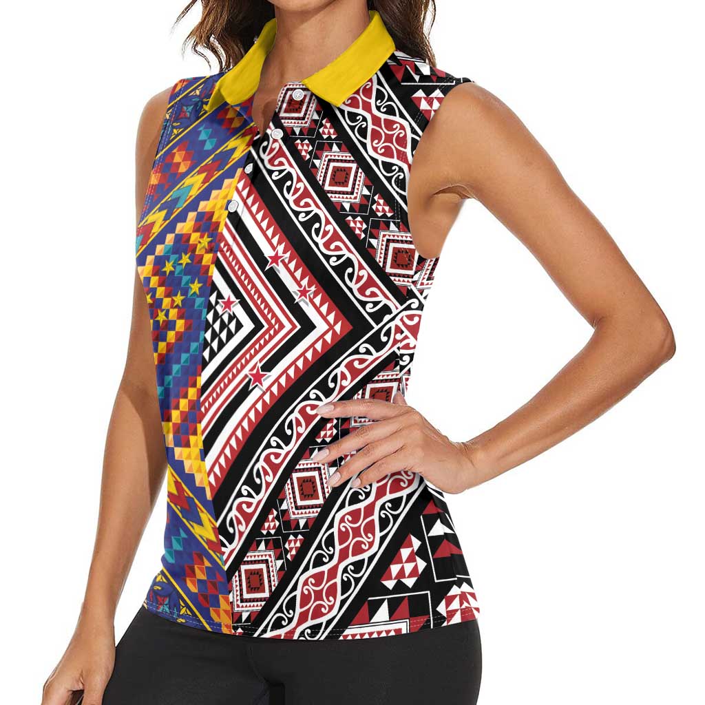 Tuvaluan and New Zealand Culture Women Sleeveless Polo Shirt The Art of Kolose and Taniko - Aussie Hoodie