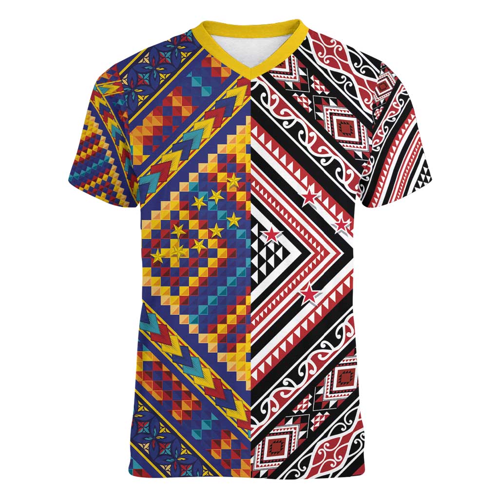 Tuvaluan and New Zealand Culture Women V-Neck T-Shirt The Art of Kolose and Taniko - Aussie Hoodie