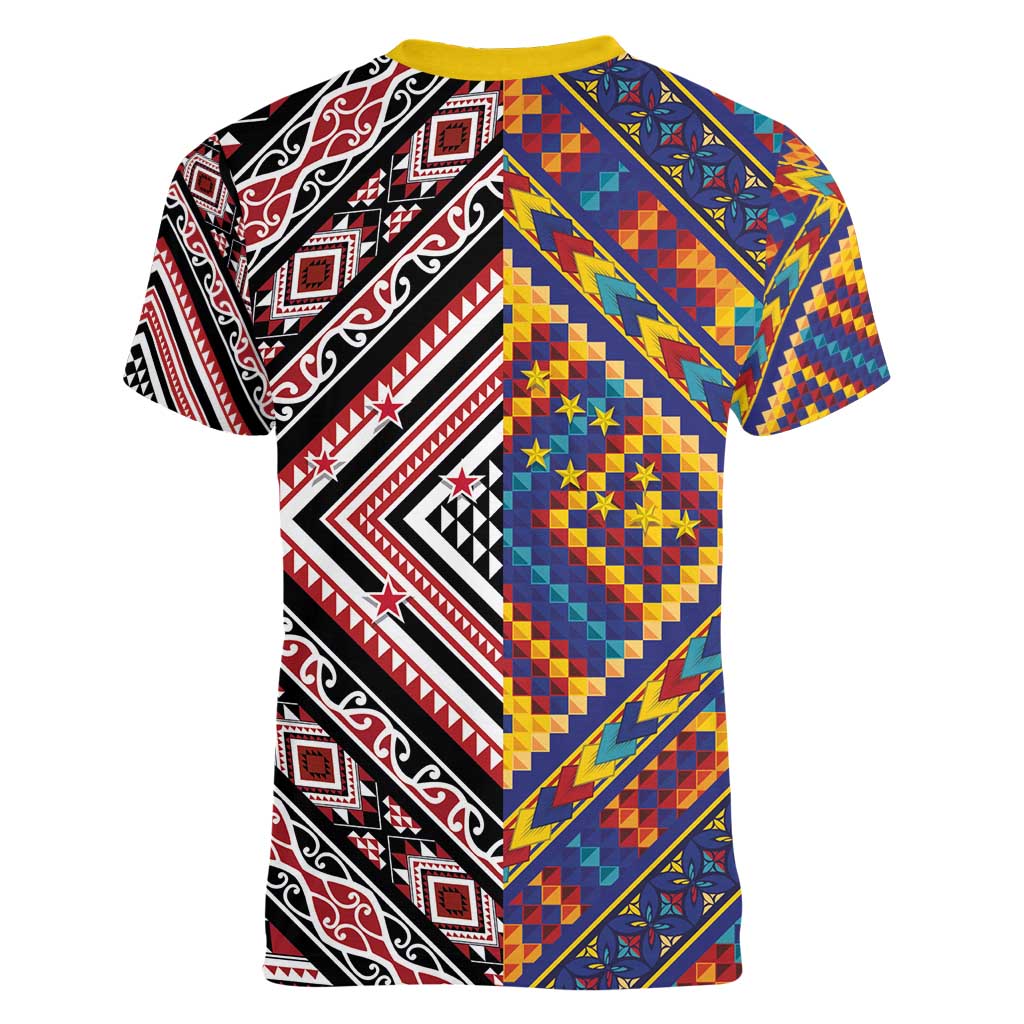 Tuvaluan and New Zealand Culture Women V-Neck T-Shirt The Art of Kolose and Taniko - Aussie Hoodie
