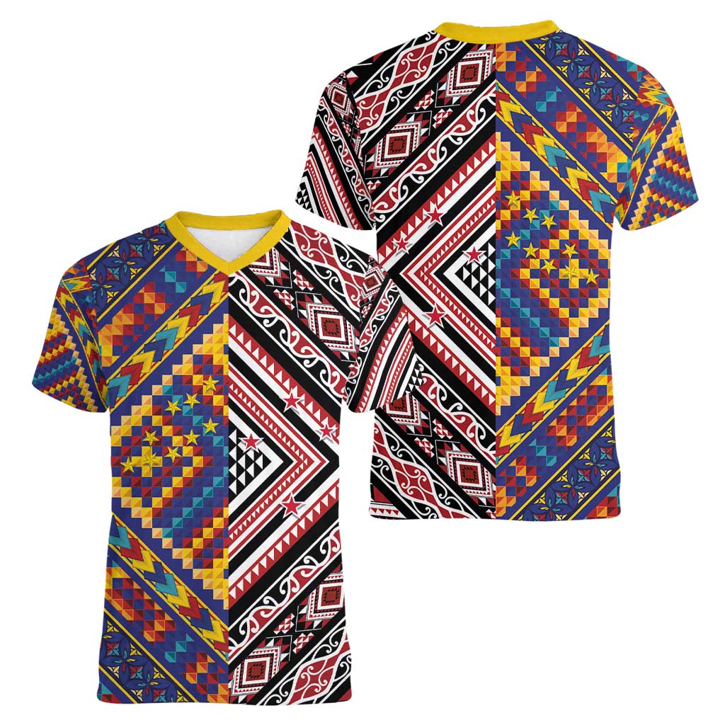 Tuvaluan and New Zealand Culture Women V-Neck T-Shirt The Art of Kolose and Taniko - Aussie Hoodie
