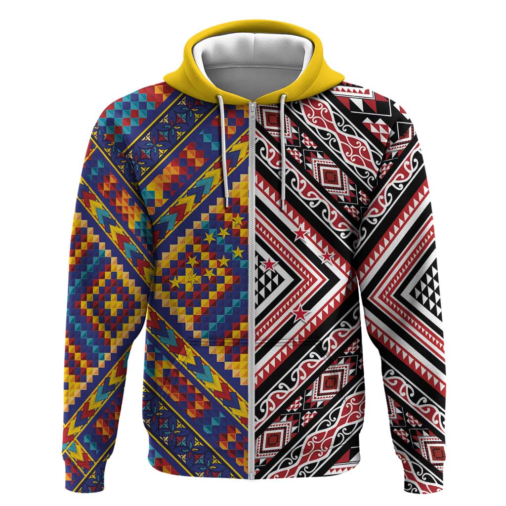 Tuvaluan and New Zealand Culture Zip Hoodie The Art of Kolose and Taniko - Aussie Hoodie