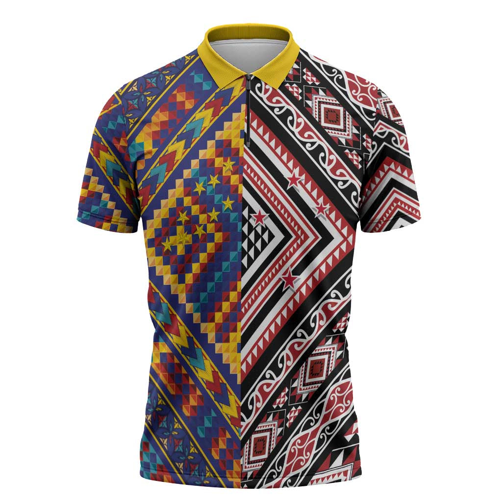 Tuvaluan and New Zealand Culture Zipper Polo Shirt The Art of Kolose and Taniko - Aussie Hoodie
