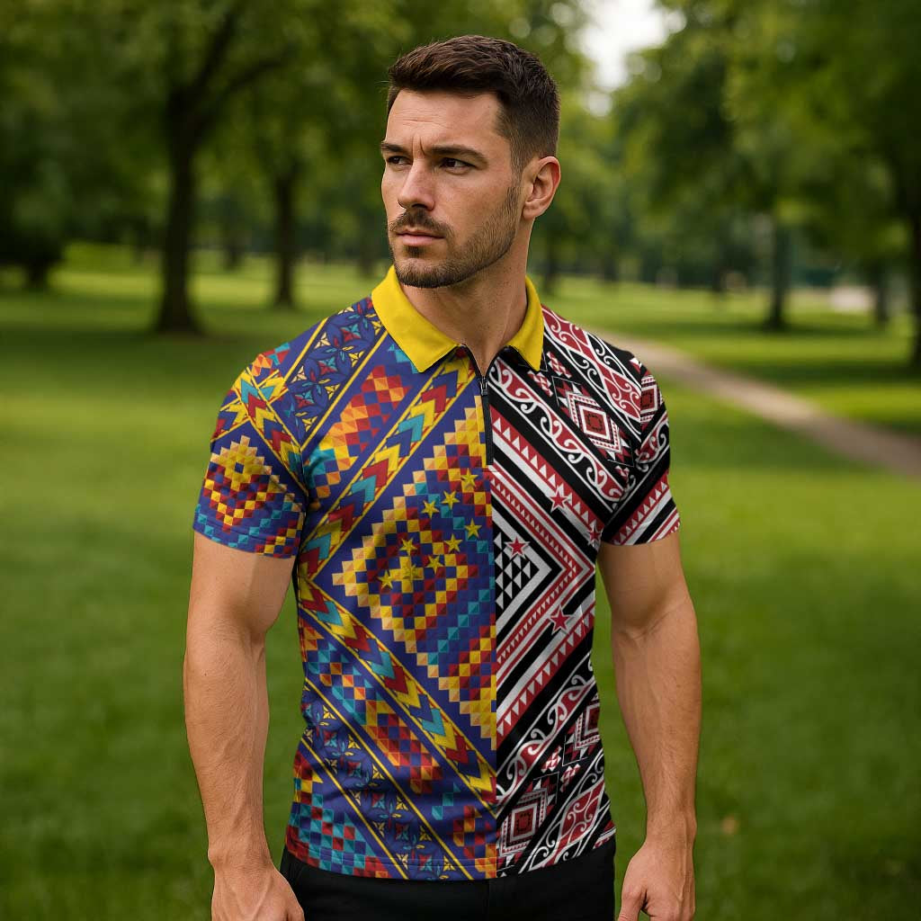Tuvaluan and New Zealand Culture Zipper Polo Shirt The Art of Kolose and Taniko - Aussie Hoodie