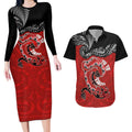 Personalised Aotearoa Toitu Te Tiriti Couples Matching Long Sleeve Bodycon Dress and Hawaiian Shirt Taniwha Tribal Motifs
