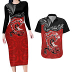 Personalised Aotearoa Toitu Te Tiriti Couples Matching Long Sleeve Bodycon Dress and Hawaiian Shirt Taniwha Tribal Motifs