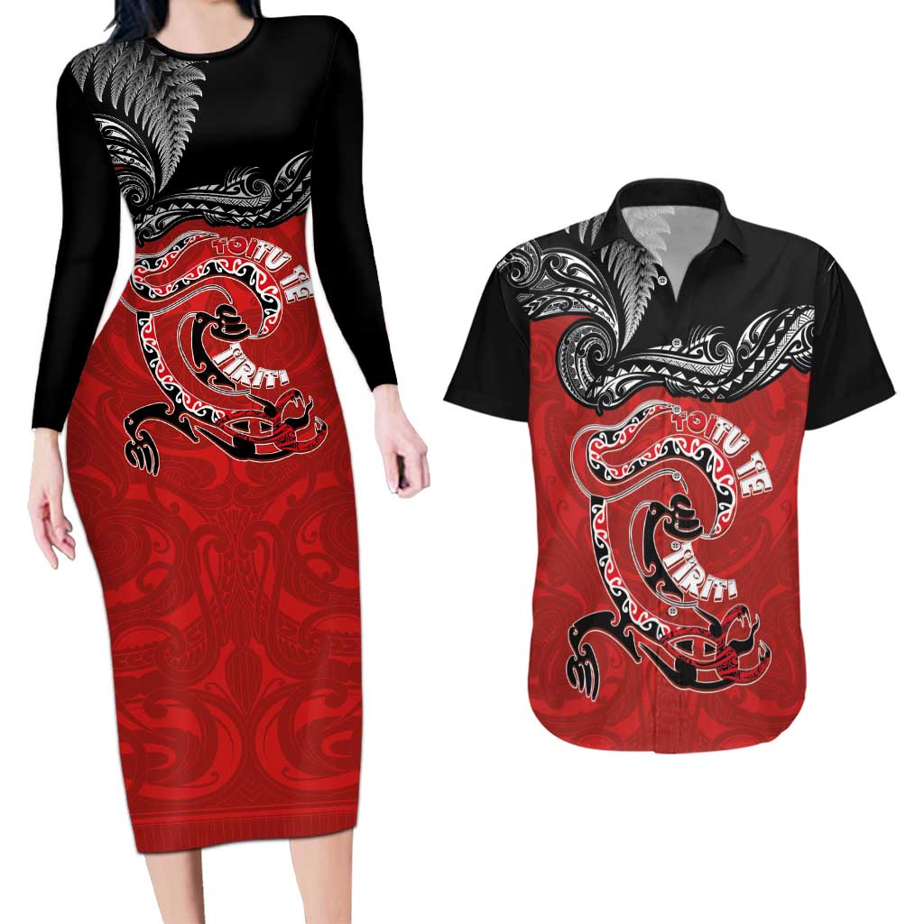 Personalised Aotearoa Toitu Te Tiriti Couples Matching Long Sleeve Bodycon Dress and Hawaiian Shirt Taniwha Tribal Motifs