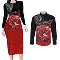 Personalised Aotearoa Toitu Te Tiriti Couples Matching Long Sleeve Bodycon Dress and Long Sleeve Button Shirt Taniwha Tribal Motifs