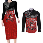 Personalised Aotearoa Toitu Te Tiriti Couples Matching Long Sleeve Bodycon Dress and Long Sleeve Button Shirt Taniwha Tribal Motifs