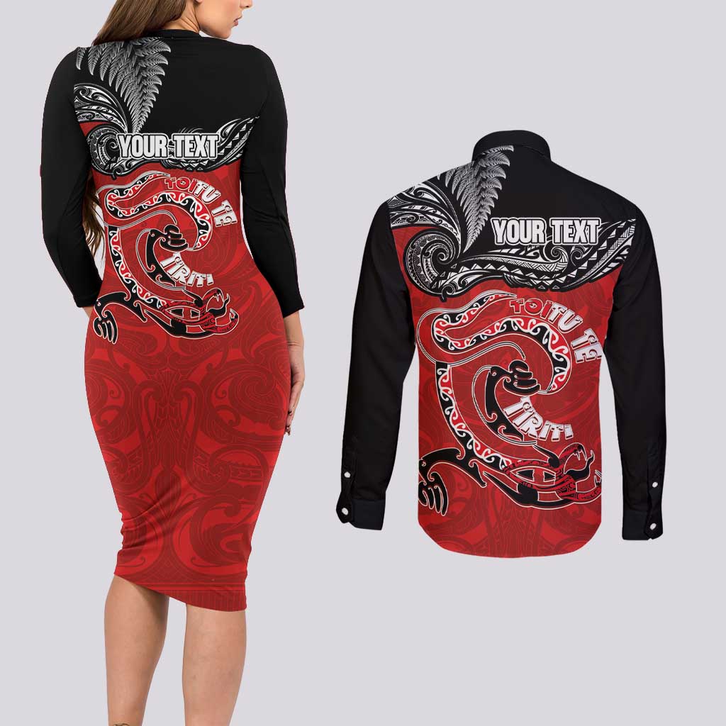 Personalised Aotearoa Toitu Te Tiriti Couples Matching Long Sleeve Bodycon Dress and Long Sleeve Button Shirt Taniwha Tribal Motifs