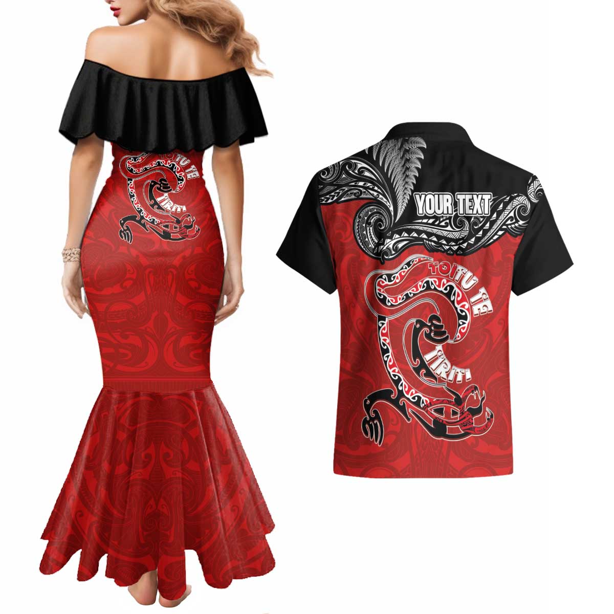 Personalised Aotearoa Toitu Te Tiriti Couples Matching Mermaid Dress and Hawaiian Shirt Taniwha Tribal Motifs