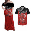 Personalised Aotearoa Toitu Te Tiriti Couples Matching Off Shoulder Maxi Dress and Hawaiian Shirt Taniwha Tribal Motifs