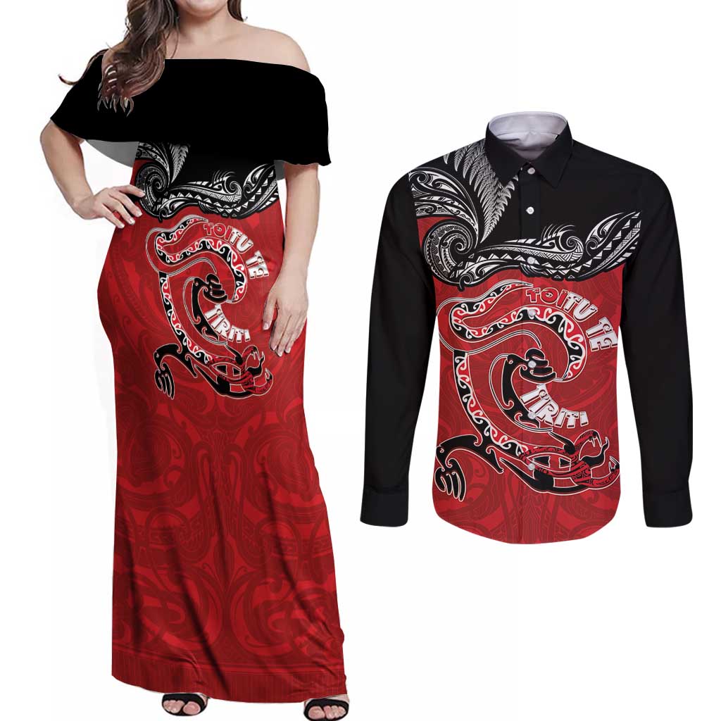 Personalised Aotearoa Toitu Te Tiriti Couples Matching Off Shoulder Maxi Dress and Long Sleeve Button Shirt Taniwha Tribal Motifs