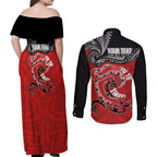 Personalised Aotearoa Toitu Te Tiriti Couples Matching Off Shoulder Maxi Dress and Long Sleeve Button Shirt Taniwha Tribal Motifs