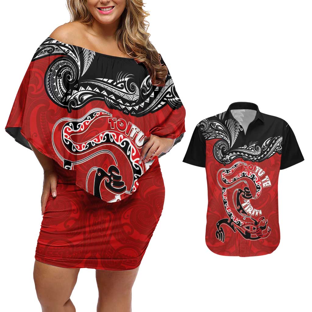 Personalised Aotearoa Toitu Te Tiriti Couples Matching Off Shoulder Short Dress and Hawaiian Shirt Taniwha Tribal Motifs