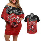 Personalised Aotearoa Toitu Te Tiriti Couples Matching Off Shoulder Short Dress and Hawaiian Shirt Taniwha Tribal Motifs