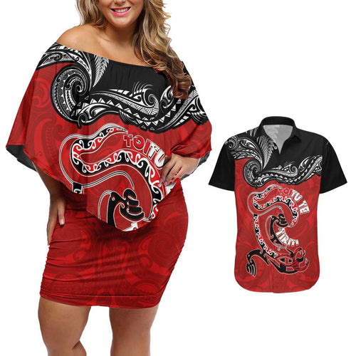 Personalised Aotearoa Toitu Te Tiriti Couples Matching Off Shoulder Short Dress and Hawaiian Shirt Taniwha Tribal Motifs