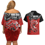 Personalised Aotearoa Toitu Te Tiriti Couples Matching Off Shoulder Short Dress and Hawaiian Shirt Taniwha Tribal Motifs