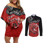Personalised Aotearoa Toitu Te Tiriti Couples Matching Off Shoulder Short Dress and Long Sleeve Button Shirt Taniwha Tribal Motifs