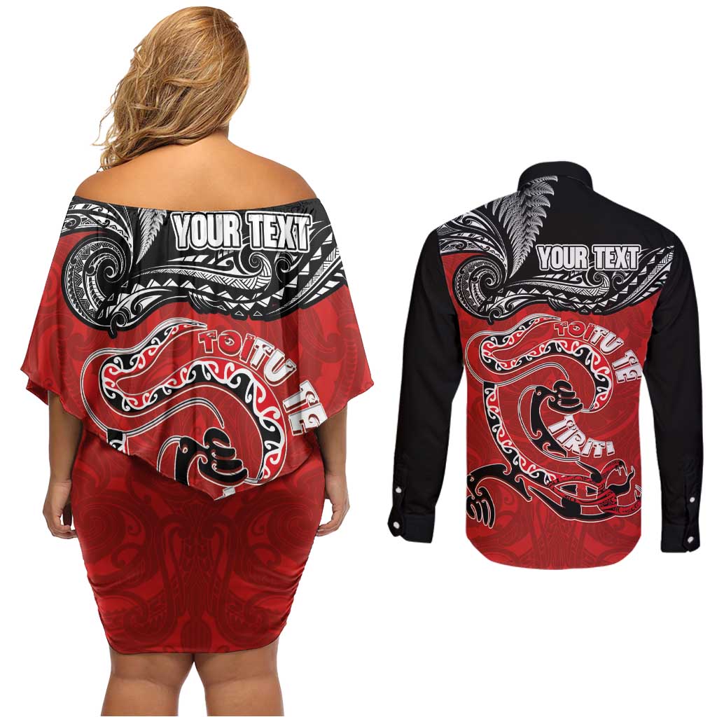 Personalised Aotearoa Toitu Te Tiriti Couples Matching Off Shoulder Short Dress and Long Sleeve Button Shirt Taniwha Tribal Motifs