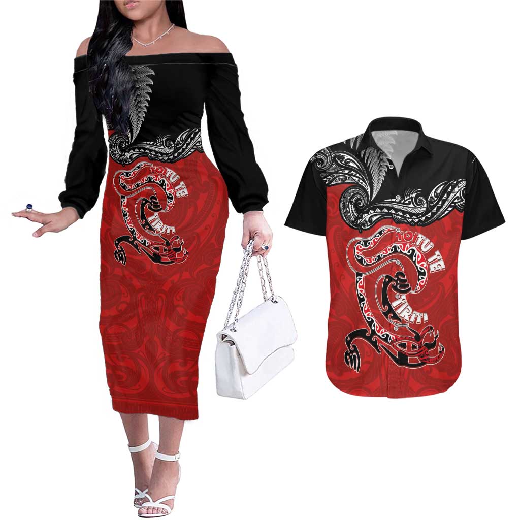 Personalised Aotearoa Toitu Te Tiriti Couples Matching Off The Shoulder Long Sleeve Dress and Hawaiian Shirt Taniwha Tribal Motifs