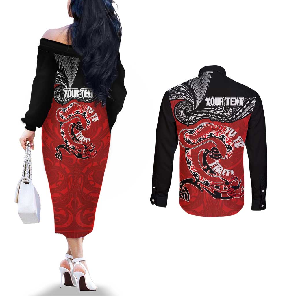 Personalised Aotearoa Toitu Te Tiriti Couples Matching Off The Shoulder Long Sleeve Dress and Long Sleeve Button Shirt Taniwha Tribal Motifs