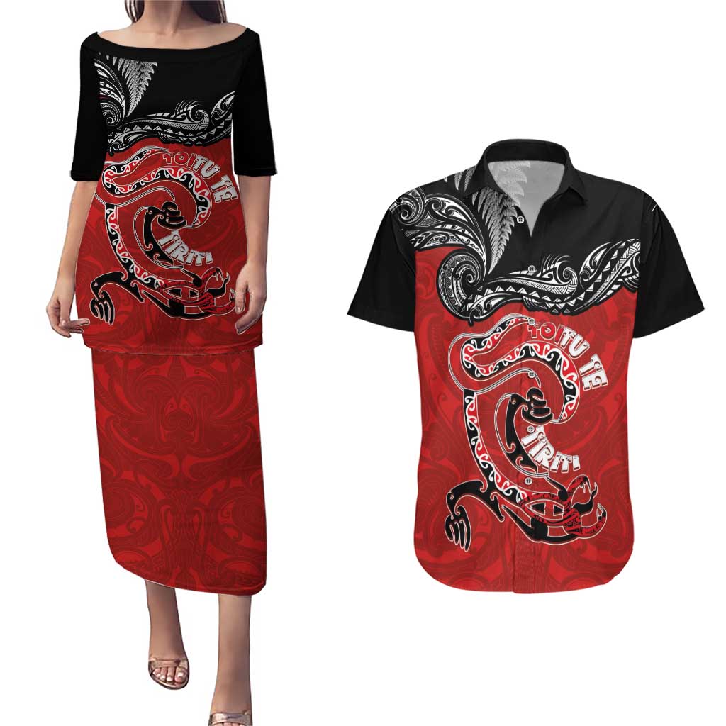 Personalised Aotearoa Toitu Te Tiriti Couples Matching Puletasi and Hawaiian Shirt Taniwha Tribal Motifs