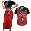 Personalised Aotearoa Toitu Te Tiriti Couples Matching Short Sleeve Bodycon Dress and Hawaiian Shirt Taniwha Tribal Motifs