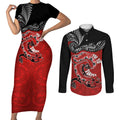 Personalised Aotearoa Toitu Te Tiriti Couples Matching Short Sleeve Bodycon Dress and Long Sleeve Button Shirt Taniwha Tribal Motifs