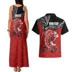 Personalised Aotearoa Toitu Te Tiriti Couples Matching Tank Maxi Dress and Hawaiian Shirt Taniwha Tribal Motifs