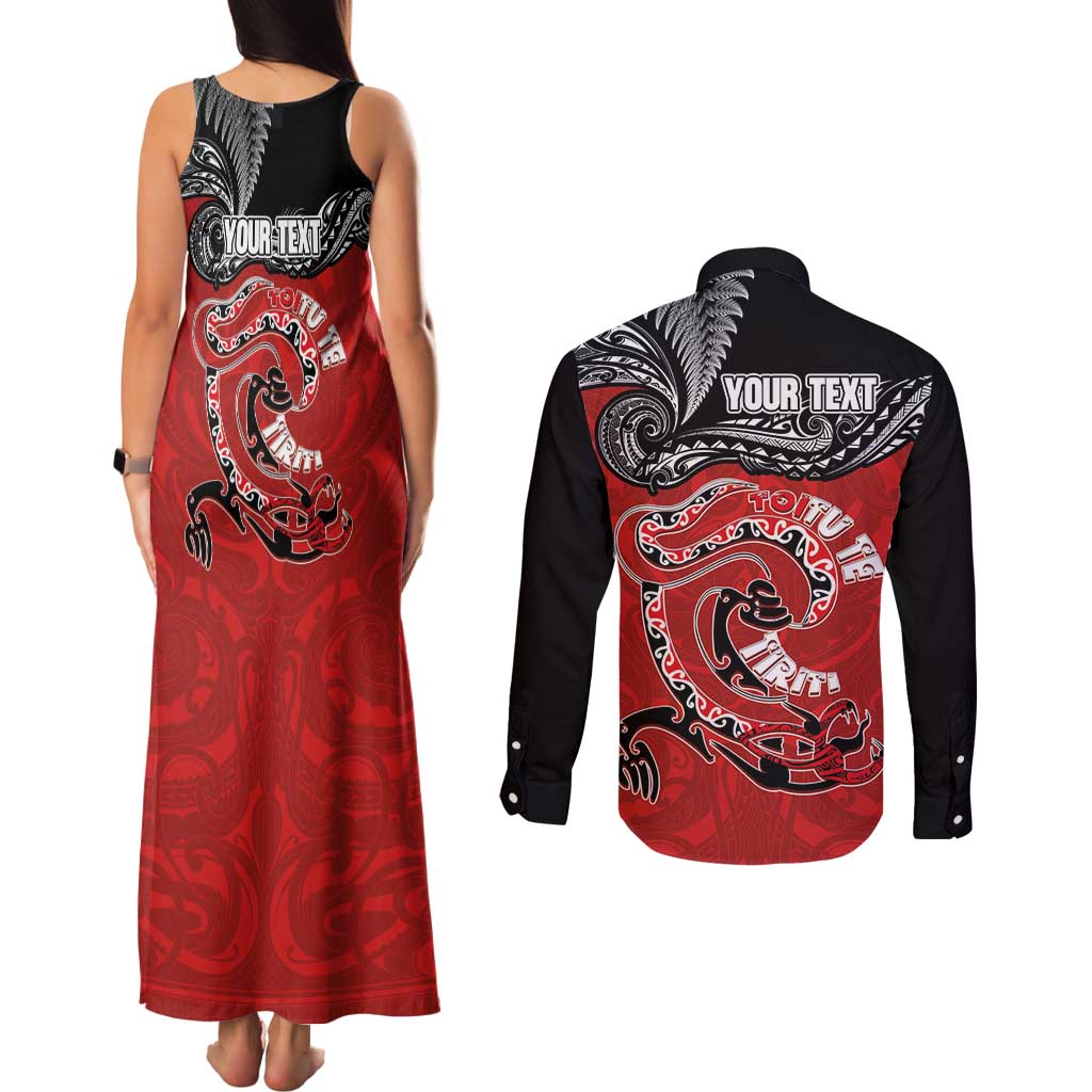 Personalised Aotearoa Toitu Te Tiriti Couples Matching Tank Maxi Dress and Long Sleeve Button Shirt Taniwha Tribal Motifs