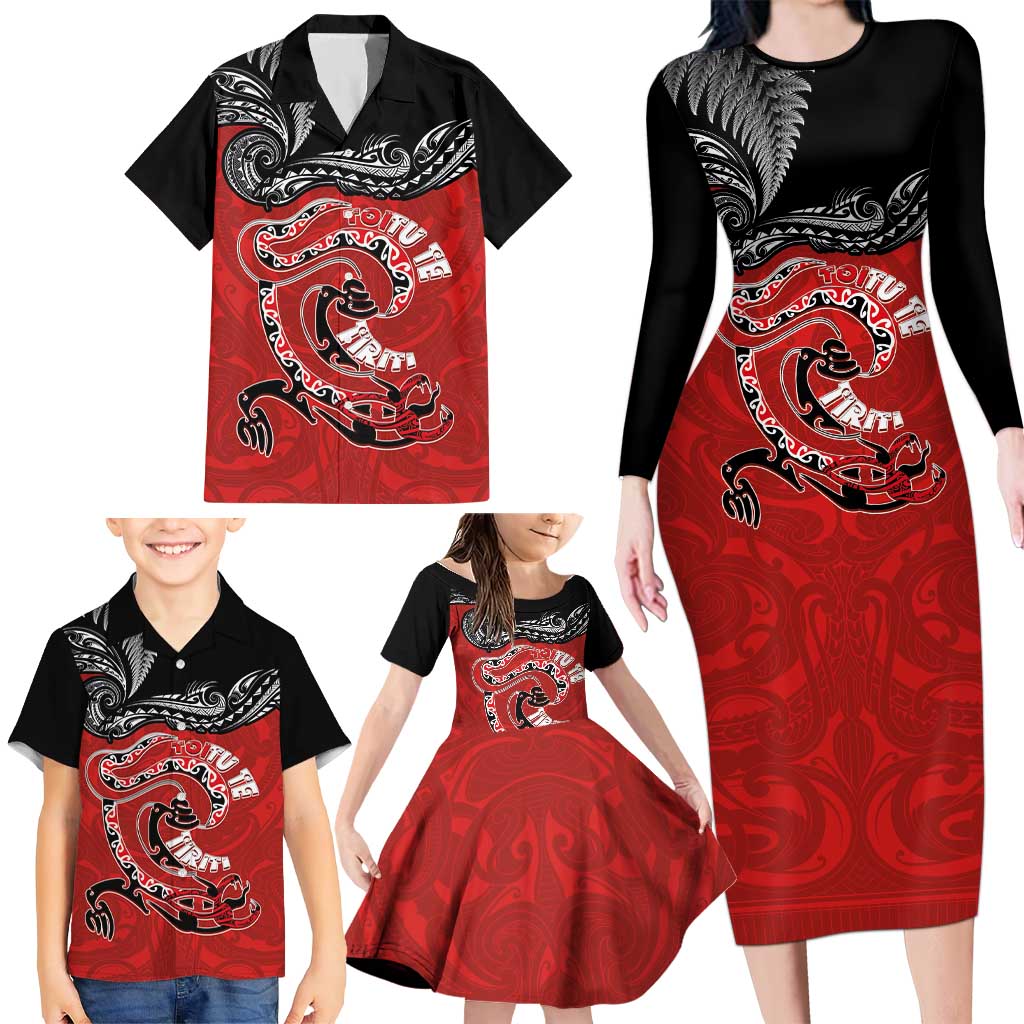 Personalised Aotearoa Toitu Te Tiriti Family Matching Long Sleeve Bodycon Dress and Hawaiian Shirt Taniwha Tribal Motifs