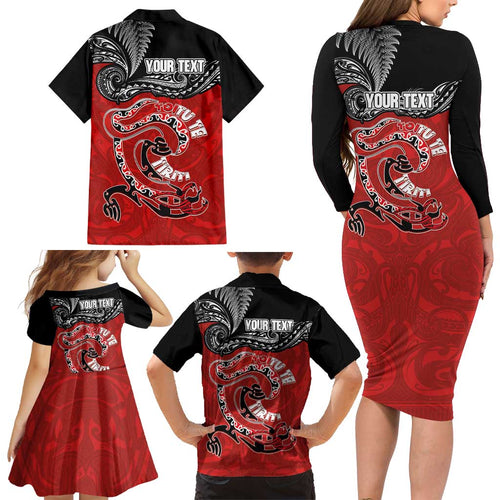 Personalised Aotearoa Toitu Te Tiriti Family Matching Long Sleeve Bodycon Dress and Hawaiian Shirt Taniwha Tribal Motifs