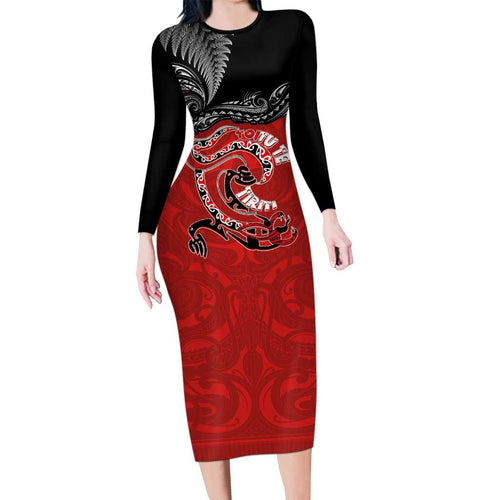 Personalised Aotearoa Toitu Te Tiriti Family Matching Long Sleeve Bodycon Dress and Hawaiian Shirt Taniwha Tribal Motifs