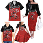 Personalised Aotearoa Toitu Te Tiriti Family Matching Off The Shoulder Long Sleeve Dress and Hawaiian Shirt Taniwha Tribal Motifs