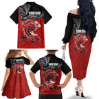 Personalised Aotearoa Toitu Te Tiriti Family Matching Off The Shoulder Long Sleeve Dress and Hawaiian Shirt Taniwha Tribal Motifs