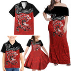 Personalised Aotearoa Toitu Te Tiriti Family Matching Off Shoulder Maxi Dress and Hawaiian Shirt Taniwha Tribal Motifs