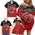 Personalised Aotearoa Toitu Te Tiriti Family Matching Off Shoulder Short Dress and Hawaiian Shirt Taniwha Tribal Motifs