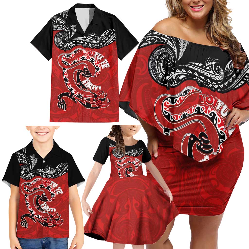Personalised Aotearoa Toitu Te Tiriti Family Matching Off Shoulder Short Dress and Hawaiian Shirt Taniwha Tribal Motifs