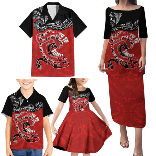 Personalised Aotearoa Toitu Te Tiriti Family Matching Puletasi and Hawaiian Shirt Taniwha Tribal Motifs
