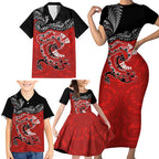 Personalised Aotearoa Toitu Te Tiriti Family Matching Short Sleeve Bodycon Dress and Hawaiian Shirt Taniwha Tribal Motifs