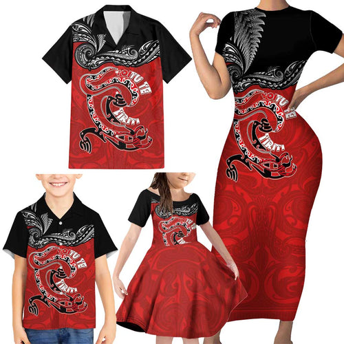 Personalised Aotearoa Toitu Te Tiriti Family Matching Short Sleeve Bodycon Dress and Hawaiian Shirt Taniwha Tribal Motifs