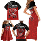 Personalised Aotearoa Toitu Te Tiriti Family Matching Short Sleeve Bodycon Dress and Hawaiian Shirt Taniwha Tribal Motifs